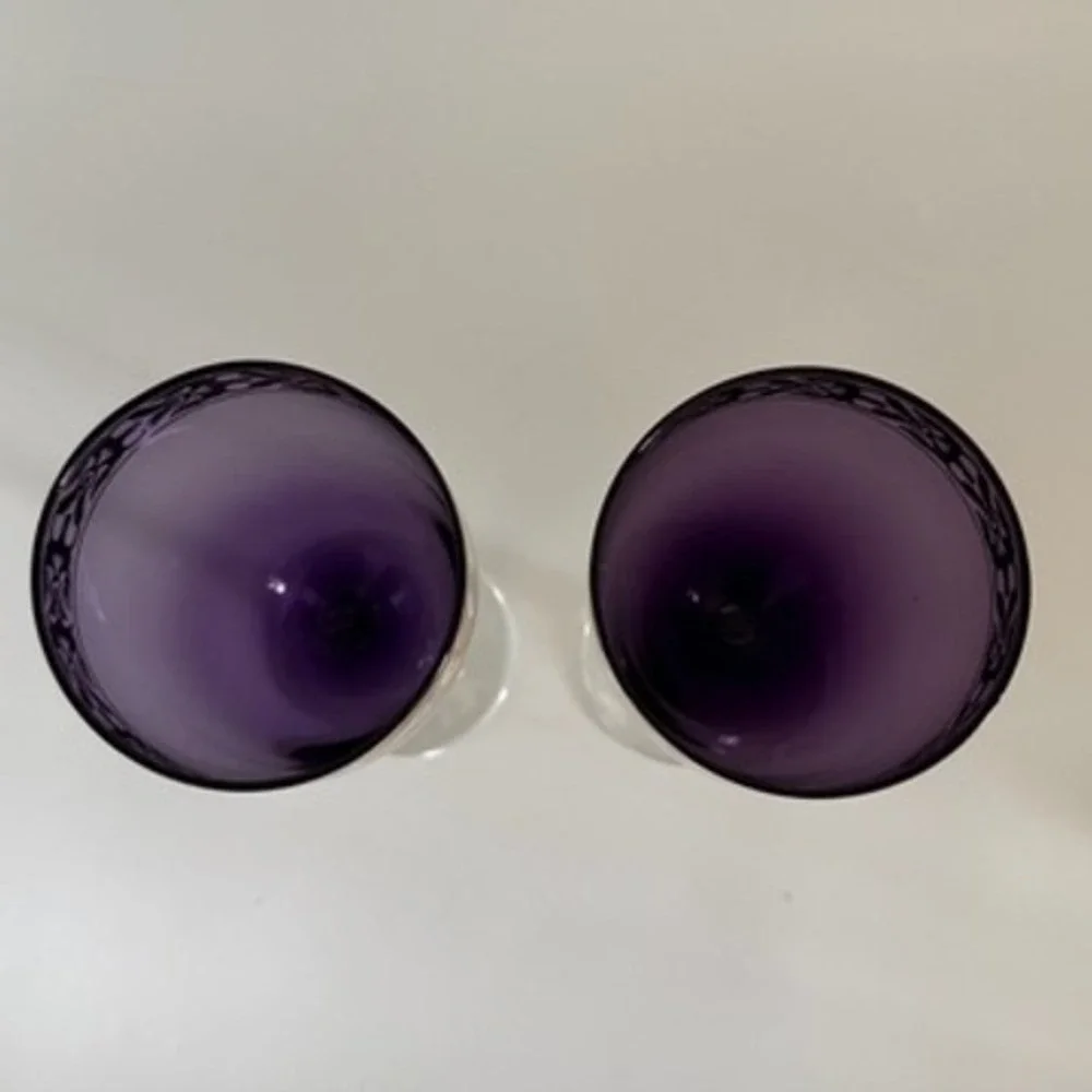 Pier 1 Vintage Amethyst Purple Wine Glasses with Gold Encrusted Rim‎ Set of 2